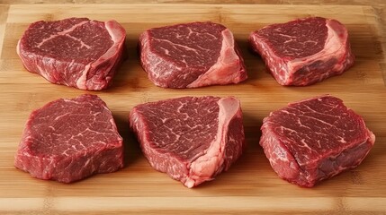 Fresh Raw Beef Cuts on Wooden Cutting Board for Cooking Preparation