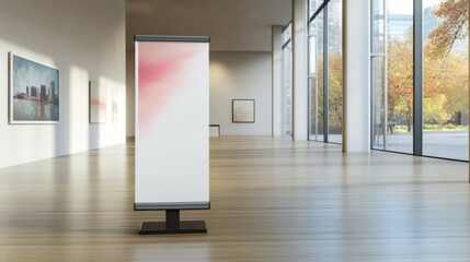 Blank Roll-Up Banner in Modern Art Gallery