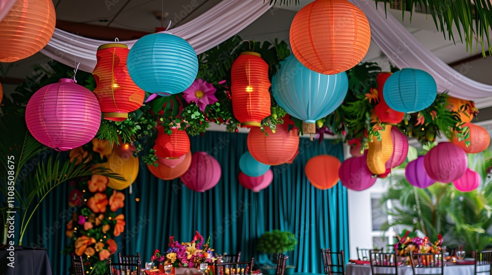 Poster a room with a blue curtain and colorful lanterns hanging from the ceiling. the lanterns are of diffe
