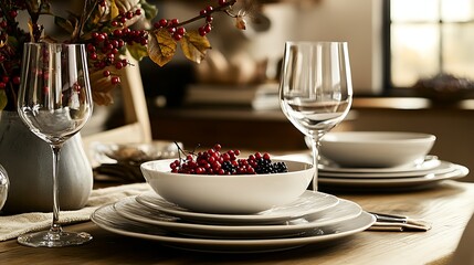 Fototapeta premium A sophisticated fall table arrangement featuring matching dishware, wine glasses, and a centerpiece of berries and mini pumpkins 