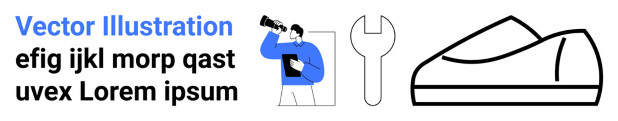 Man observing with binoculars, holding clipboard, large wrench, geometric object. Ideal for professional toolkit, maintenance, observation, organization, management, technical work project planning