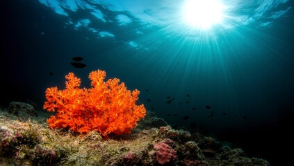 Obraz premium A vibrant coral reef landscape, teeming with colorful marine life, vivid corals in shades of orange, pink, and purple, schools of tropical fish swimming gracefully, sunlight streaming through clear tu