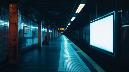 Fototapeta premium Empty Subway Platform with Blank Billboard and Blue Lighting