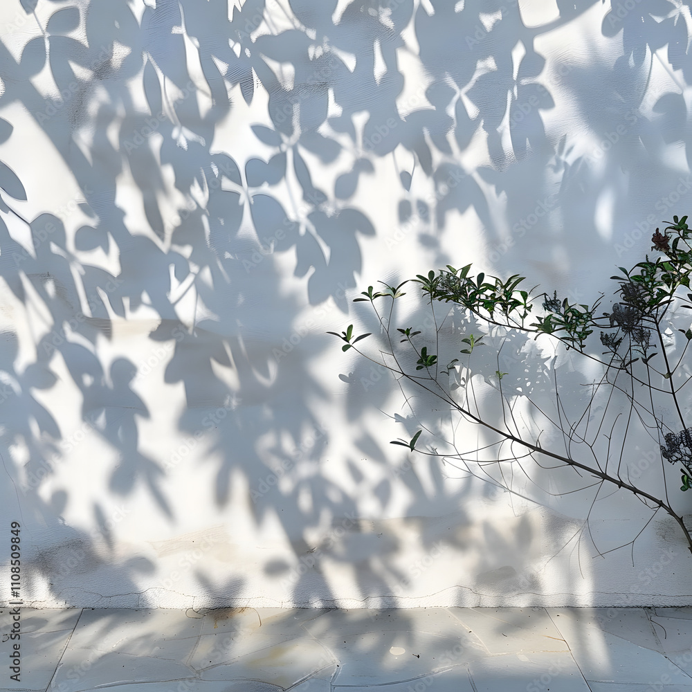Poster a wall casting shadows from leaves and a branch, creating a serene visual effect.