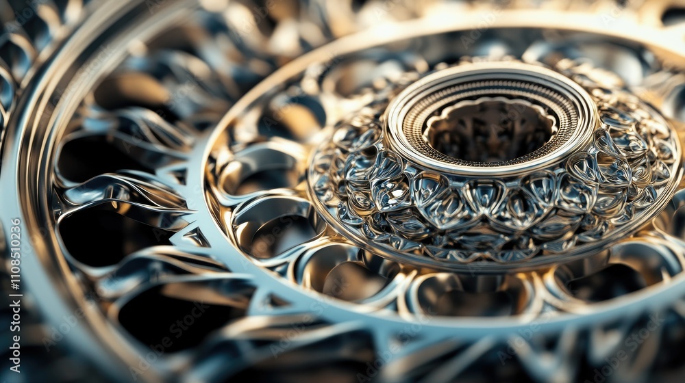 Poster intricate and detailed close-up of ornate metal pattern with reflections and shimmering surfaces in 