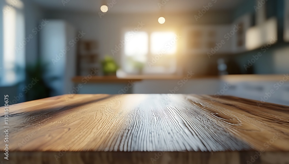 Poster a sunlit kitchen with a wooden table in the foreground, creating a warm and inviting atmosphere.