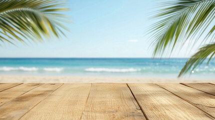 Fototapeta premium Top of wood table with seascape and palm leaves, blur bokeh light of calm sea and sky at tropical beach background. Empty ready for your product display montage. summer vacation background concept