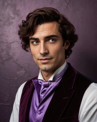 Obraz premium Elegant Man in Purple Attire with Mysterious Expression