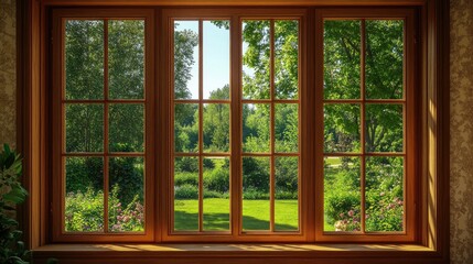Fototapeta premium Serene View Through Classic Wooden Window Framing Lush Green Landscape and Vibrant Plant Life on a Bright Sunny Day in a Cozy Space