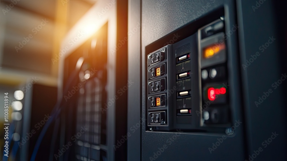 Poster close-up of server rack power distribution panel with control switches and indicator lights in high-