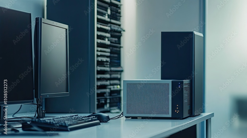 Poster modern office workspace featuring sleek computer equipment, monitors, and high-tech server rack crea