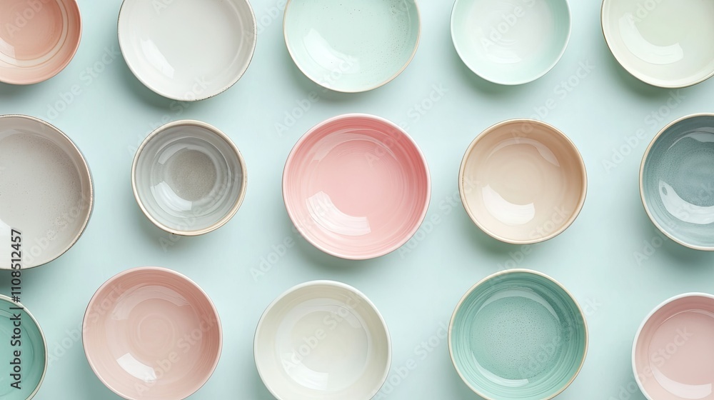 Poster a colorful array of ceramic bowls in various sizes and shades arranged on a soft mint background for