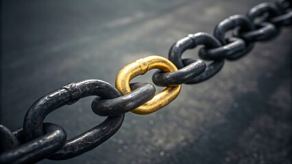 Golden Link in a Strong Chain: A single gold link stands out amongst a series of strong, dark metal links, symbolizing connection, strength.