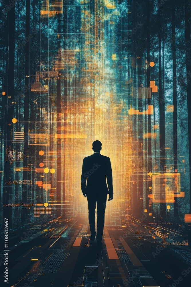 Poster a man is walking through a forest with a glowing background. the background is made up of many small