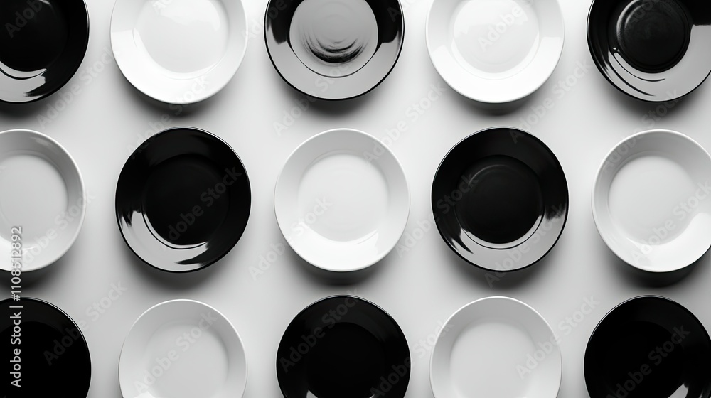 Poster elegant arrangement of black and white plates displayed in a symmetrical pattern on a smooth surface