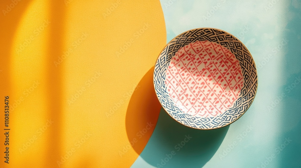 Poster decorative bowl on vibrant background with unique patterns and colorful shapes, creating a modern st