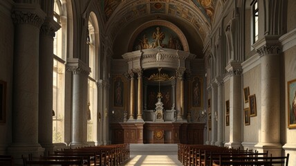 Obraz premium Sunlit interior of a grand chapel with ornate altar, columns, and pews.