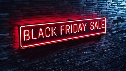 Fototapeta premium Red neon 'Black Friday Sale' sign glowing against a dark brick wall, bold and eye-catching design