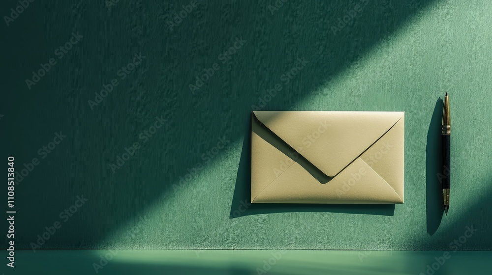 Aufkleber minimalist composition of a closed envelope and pen on a textured green surface with soft light and 
