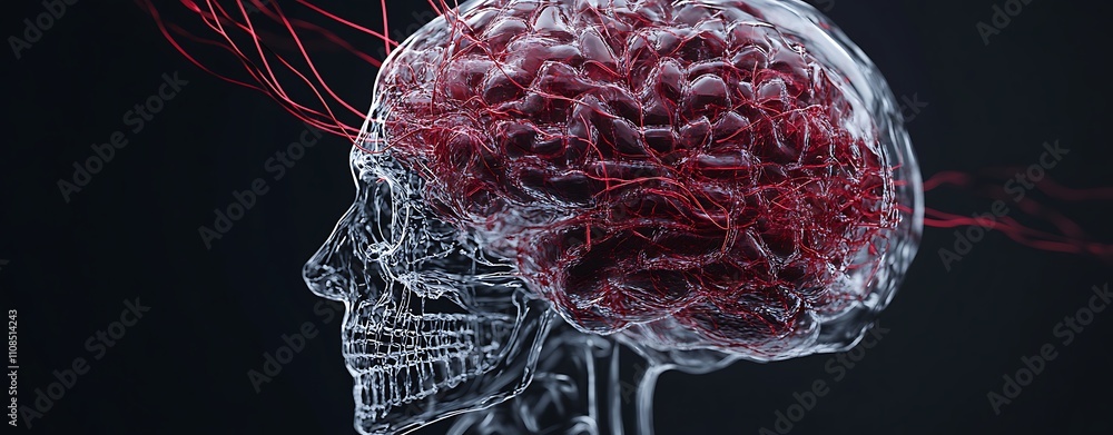 Aufkleber a digital illustration showcasing a transparent skull with a detailed brain, emphasizing neural conn