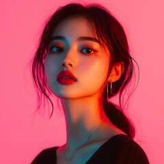 Fototapeta premium A portrait showcasing the stylish, elegant beauty and fashionable charm of a young Asian woman, emphasizing her grace and modern sense of style.