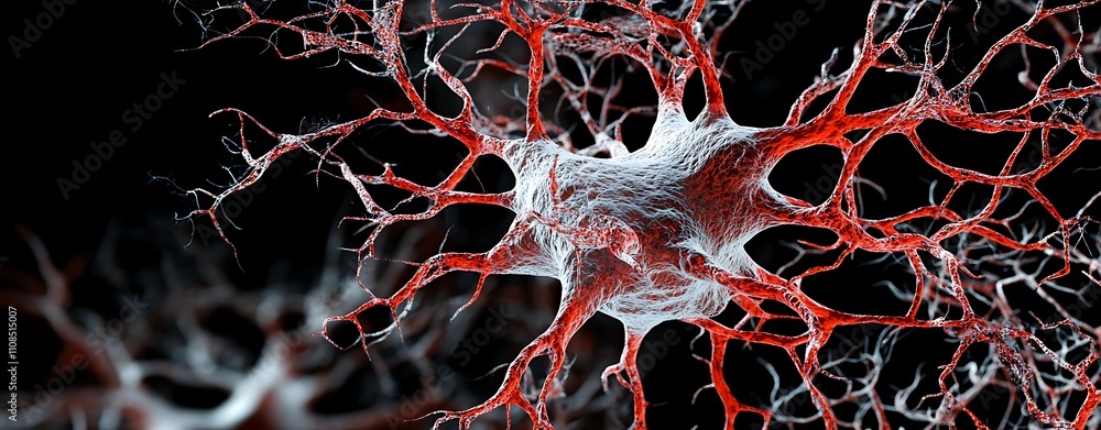 Fototapete A close-up view of a neuron showcasing its intricate structure with red and white components on a dark background.