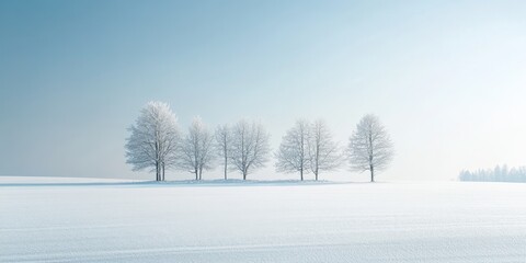 Fototapeta premium A peaceful winter scene featuring a row of snow-covered trees against a clear blue sky, evoking calm and tranquility.