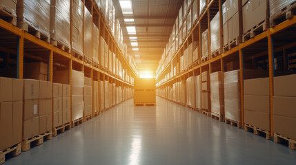 Obraz premium Warehouse with pallet at center and high shelves 