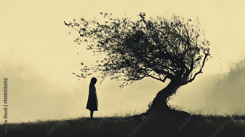 Poster a woman stands in front of a tree that is bent and twisted. the scene is set in a field with a cloud