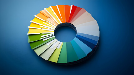 Obraz premium Circular color palette guide showing various shades and hues arranged in a wheel on blue background.