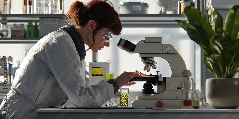 Poster a scientist examining biological samples under a microscope, with a focus on the genetic testing pro
