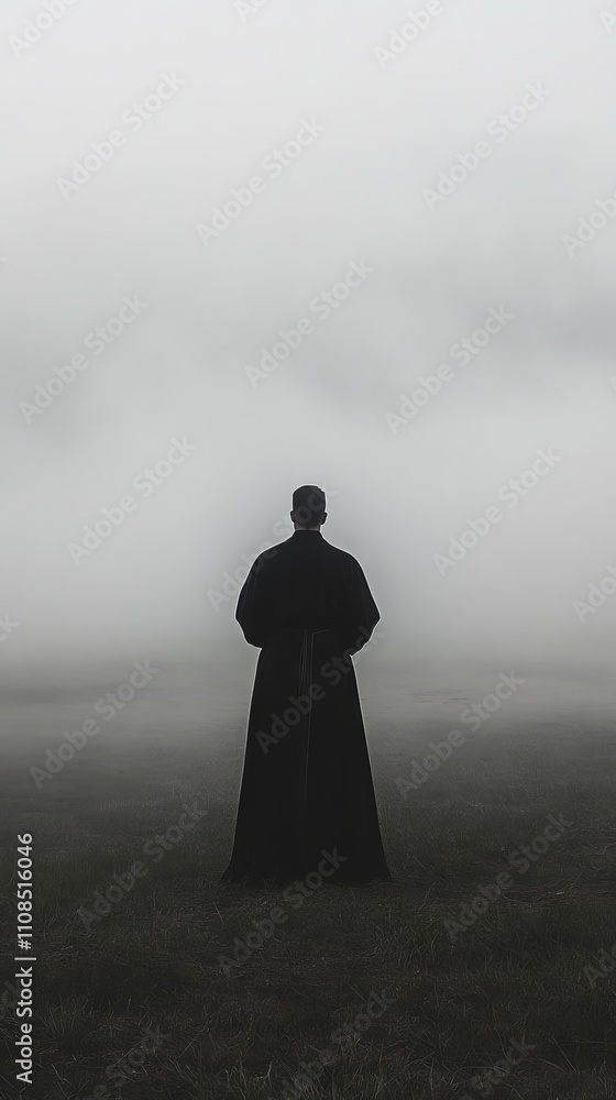 Poster a man stands in a foggy field, looking off into the distance. the scene is dark and moody, with the 