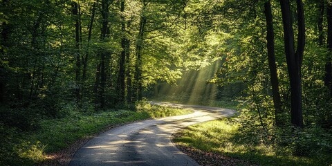Obraz premium A winding road snaking into a dense forest, vibrant green foliage, dramatic shadows, light beams filtering through the canopy, serene natural beauty