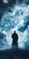 Obraz premium A man stands in the middle of a stormy ocean, with the sky above him filled with dark clouds. The scene is filled with a sense of danger and uncertainty, as the man is alone