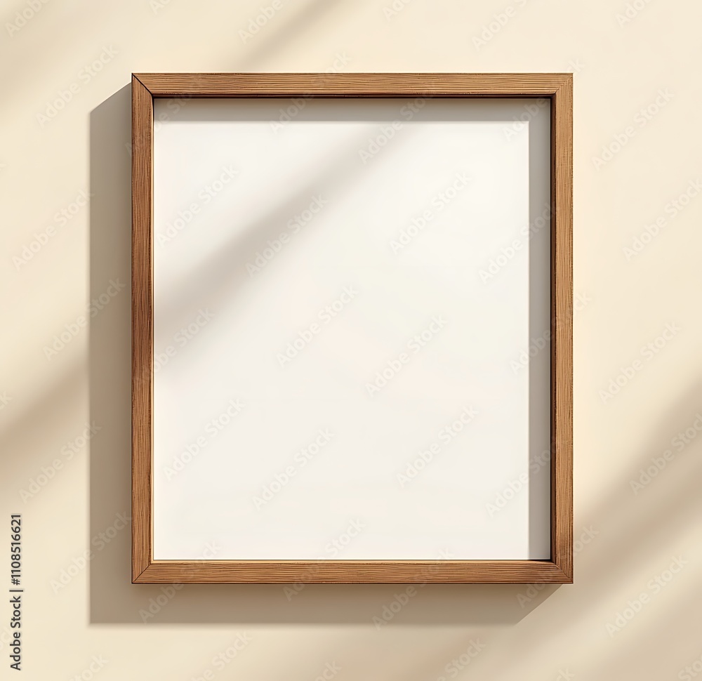 Poster a simple wooden frame with a blank, white interior, casting soft shadows on a light background, idea