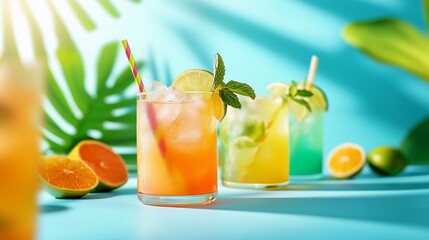 Fototapeta premium Vibrant tropical cocktails in colorful glasses, garnished with lime and mint, set against a blue background with sunny highlights.