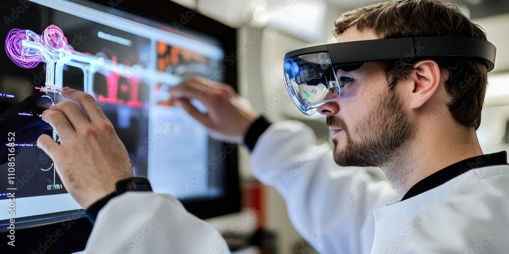 Aufkleber A researcher uses augmented reality glasses to monitor and optimize an automation system in an advanced laboratory setting, highlighting technological advancements in res