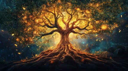 A Glowing Tree with Large Roots and Falling Lights in a Night Sky