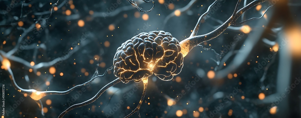 Fototapete A glowing brain connected by neural networks, illustrating the complexities of thought and cognition in a visually striking digital representation.