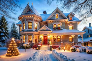 Fototapeta premium Beautifully decorated house at night with Christmas lights