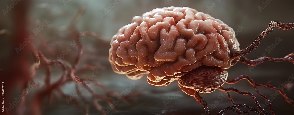 Fototapete A detailed, close-up view of a brain surrounded by intricate neural connections, highlighting the complexity of the nervous system.