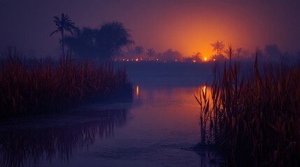 Obraz premium Silhouetted Palm Trees and Reeds at Sunset over a Calm Lake