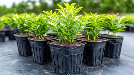Fototapeta premium Vibrant green plants in black pots, thriving in a nursery setting, showcasing healthy growth and potential for landscaping or gardening.