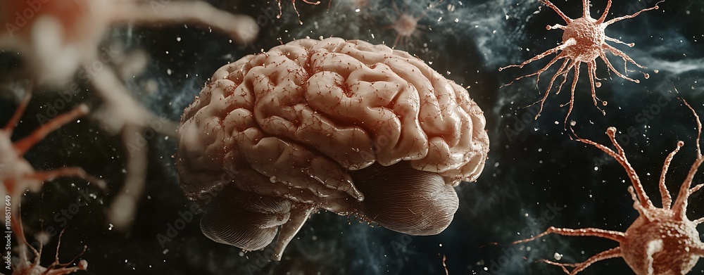 Fototapete a surreal depiction of a brain surrounded by abstract microorganisms, emphasizing the intricate rela
