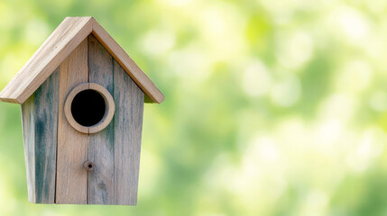 A rustic wooden birdhouse set against a soft, blurred green background, creating a serene and natural atmosphere.