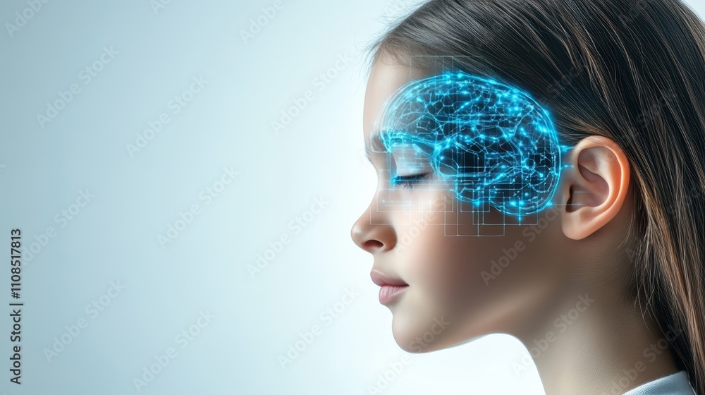 Poster illuminating neural pathways, a woman's head with brain scan visualization of cognitive activity
