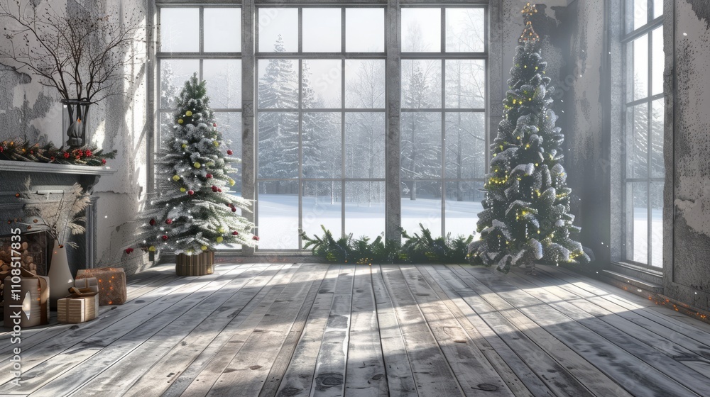 Poster a large room with two christmas trees and a fireplace. the room is empty and the trees are bare