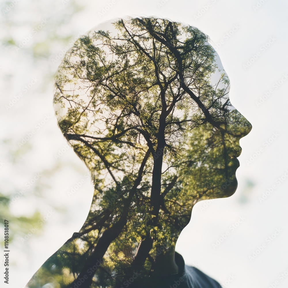 Poster a man's head is depicted as a tree in a photograph. the tree is positioned in front of the man's hea