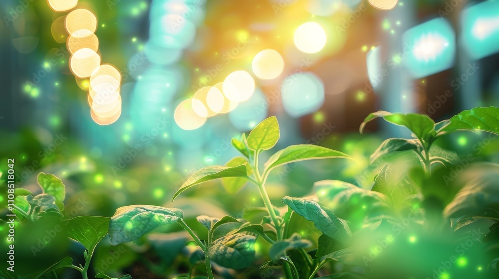 Poster fuzzy glimpse of an indoor farm where nature and technology intersect to create a thriving environme