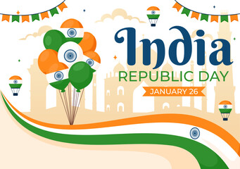 Happy India Republic Day Vector Illustration on 26 January Featuring the Indian Flag and India Gate in a National Holiday Celebration Flat Background